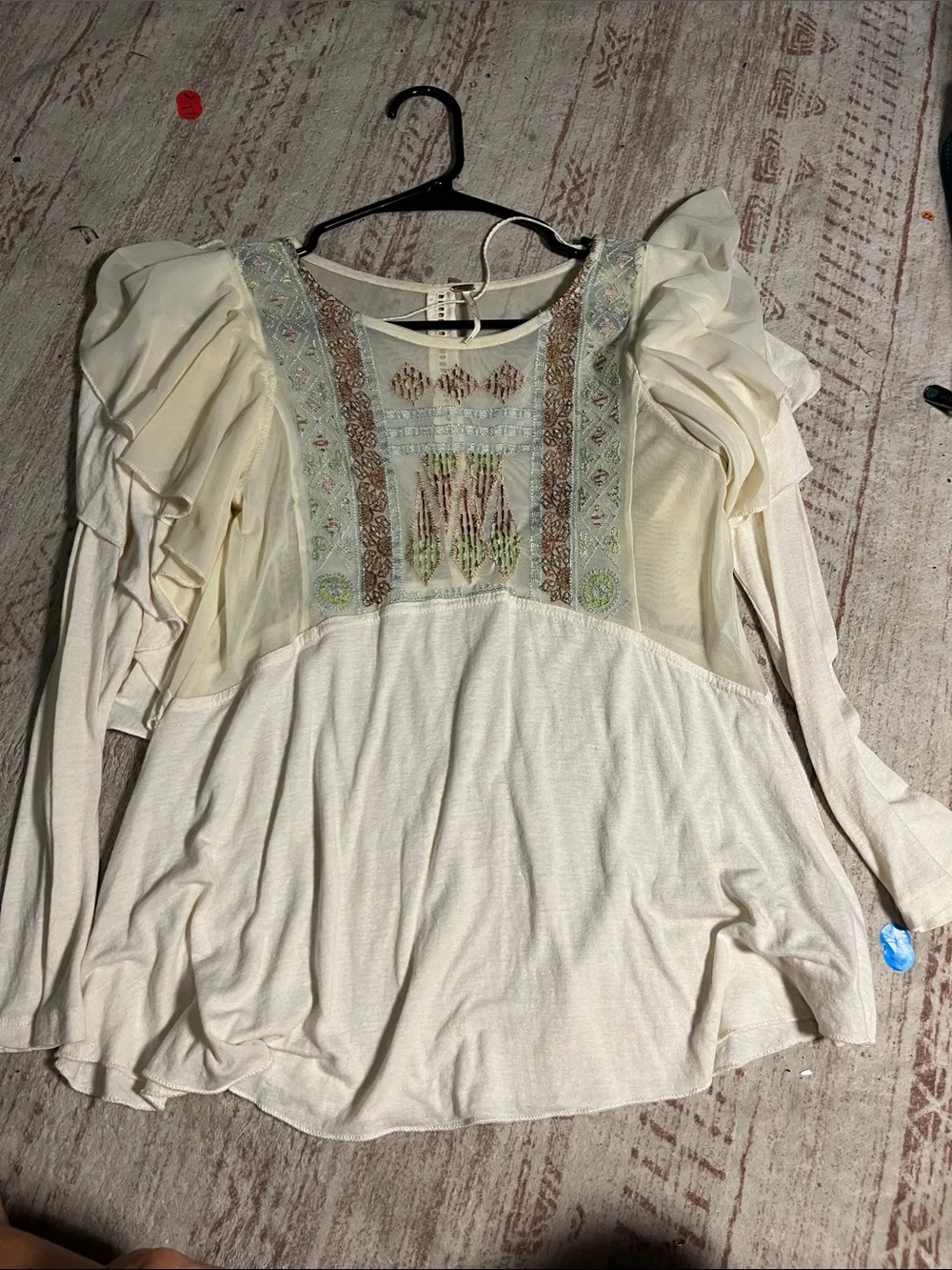 Free People Cream Boho Embroidered Puff Sleeve Top